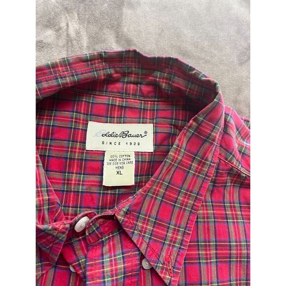 Eddie Bauer Shirt Adult XL Red Blue Plaid Long‎ Sleeve Button Front Mens - Picture 4 of 6